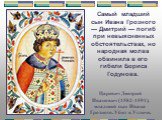 Царевич Дмитрий Иванович (1582-1591), младший сын Ивана Грозного. Убит в Угличе. Самый младший сын Ивана Грозного — Дмитрий — погиб при невыясненных обстоятельствах, но народная молва обвинила в его гибели Бориса Годунова.