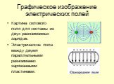 Графическое изображение электрических полей. Картина силового поля для системы из двух разноименных зарядов: Электрическое поле между двумя параллельными разноименно заряженными пластинами: