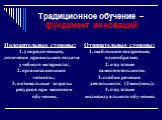 Положительные стороны: упорядоченная, логически правильная подача учебного материала; 2. организационная четкость; 3. оптимальные затраты ресурсов при массовом обучении. Отрицательные стороны: шаблонное построение, однообразие; отсутствие самостоятельности; слабая речевая деятельность (2мин/день); о