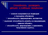 Способность руководить детьми и учебным процессом: знание современных подходов к процессу обучения; способность формировать коллектив; высокая способность влиять на окружающих; умение обучать; способность формировать и развивать творческие группы.