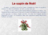 Le sapin de Noël. Le sapin - le symbole de Noël en France. Cependant en France la tradition d’utiliser cet arbre à la célébration de Noël est venue plus tard. Le sapin de Noël n'était jamais particulièrement populaire en France. Les Français pendent simplement sur la porte de la maison la branche du