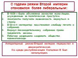 С годами режим Второй империи становился более либеральным: В 1859 г. была объявлена амнистия всем лицам, осужденным за политические проступки. Эмигранты получили возможность вернуться в страну. В 60-е гг. император восстановил свободу печати и собраний. Вернул Законодательному собранию право предла