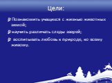 Цели: Познакомить учащихся с жизнью животных зимой; научить различать следы зверей; воспитывать любовь к природе, ко всему живому.