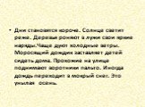 Дни становятся короче. Солнце светит реже. Деревья роняют в лужи свои яркие наряды.Чаще дуют холодные ветры. Моросящий дождик заставляет детей сидеть дома. Прохожие на улице поднимают воротники пальто. Иногда дождь переходит в мокрый снег. Это унылая. осень.