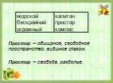 Простор – обширное, свободное пространство, видимое глазом. Простор – свобода, раздолье.