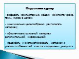 Подготовка к уроку создавать компьютерные модели конспекта урока, темы, курса в целом; • максимально целесообразно располагать материал; • обеспечивать основной материал дополнительной информацией; • подбирать и систематизировать материал с учетом особенностей класса и отдельных учащихся.