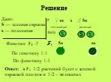 Дано: S — зеленая окраска s — полосатая. Фенотип F1 -? Р ♀ ss ♂ Ss х полосатый зеленый S s Ss ss. Ответ: в F1 1/2 растений будет с зеленой окраской плодов и 1/2 – полосатых. Решение Г.(G) F1 По генотипу 1:1 По фенотипу 1:1