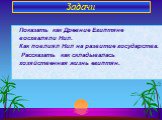 Показать как Древние Египтяне восхваляли Нил. Как повлиял Нил на развитие государства. Рассказать как складывалась хозяйственная жизнь египтян. Задачи