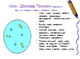 1903г. Джозеф Томсон предложил одну из первых модель строения атома. Атом – шар, по всему объёму которого равномерно распределён положительный заряд. Внутри шара находятся электроны. Каждый электрон может совершать колебательные движения около своего положения равновесия. Положительный заряд шара ра