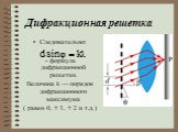 Следовательно: - формула дифракционной решетки. Величина k — порядок дифракционного максимума ( равен 0,  1,  2 и т.д.)