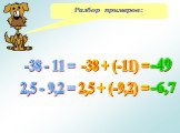 Разбор примеров: 2,5 - 9,2 = -38 + (-11) = -38 - 11 = 2,5 + (-9,2) = -6,7