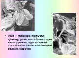 1975 - Набоков получил травму, упав на склоне горы близ Давоса, где пытался пополнить свою коллекцию редких бабочек