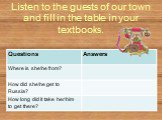 Listen to the guests of our town and fill in the table in your textbooks.