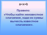 a+x=b. Правило: «Чтобы найти неизвестное слагаемое, надо из суммы вычесть известное слагаемое».