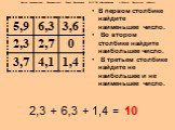 В первом столбике найдите наименьшее число. Во втором столбике найдите наибольшее число. В третьем столбике найдите не наибольшее и не наименьшее число. 1,4 + = 10