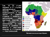 Так, из 55 стран Африки в 21 стране официальным языком считается французский, в том числе в девяти странах — вместе с английским или местным языком; в 19 странах — английский, в том числе в девяти — вместе с местным языком; в 5 странах — португальский. Официальные языки стран Африки