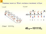 Перевод чисел из 10-ой системы счисления в 2-ую. 4610→1011102 1 способ 2 способ 46=32 + 8 + 4 + 2 5 3 2 1 4 0 1 0 1 1 1 0 2