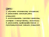 Цели: 1. обучать словесному описанию; 2. развивать связную речь учащихся; 3. воспитывать чувство красоты, интерес к творчеству, живописи; 4. развивать орфографические и пунктуационные навыки учащихся.