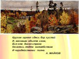 Кругом шумел здесь бор густой И, вековым объята сном, Вся эта дикая страна Казалась людям волшебством И чародействами полна. А. МАЙКОВ