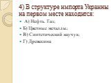 4) В структуре импорта Украины на первом месте находится: А) Нефть. Газ; Б) Цветные металлы; В) Синтетический каучук; Г) Древесина