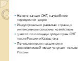 На юго-западе СНГ, на удобном перекрестке дорог Индустриально развитая страна ,с интенсивным сельским хозяйством 3 место по площади среди стран СНГ после России и Казахстана По численности населения и экономической мощи уступает только России