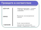 Приведите в соответствие. Тонкая, скрытая насмешка; несоответствие положительного значения и отрицательного подтекста. Язвительная, жестокая ироническая насмешка. Добродушно-насмешливое отношение к чему-либо; беззлобное и веселое вышучивание