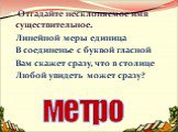 Отгадайте несклоняемое имя существительное. Линейной меры единица В соединенье с буквой гласной Вам скажет сразу, что в столице Любой увидеть может сразу? метро