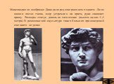 Микеланджело изобразил Давида перед совершением подвига. Лицо юноши полно гнева, взор устремлен на врага, рука сжимает пращу. Размеры статуи довольно гигантские (высота около 5,5 метра). В ренессансной скульптуре таких больших произведений еще никто не делал.