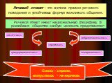 Речевой этикет - это система правил речевого поведения и устойчивых формул вежливого общения.  Речевой этикет имеет национальную специфику. В российском обществе особую ценность представляют. тактичность. предупредительность. терпимость. доброжелательность. выдержанность. Слово - стрела, выпустишь -