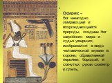 Осирис - бог ежегодно умирающей и возрождающейся природы, позднее бог загробного мира и судья умерших; изображался в виде человеческой мумии в короне, обрамленной перьями, бородой, в согнутых руках скипетр и плеть.