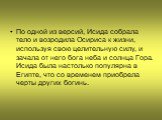 По одной из версий, Исида собрала тело и возродила Осириса к жизни, используя свою целительную силу, и зачала от него бога неба и солнца Гора. Исида была настолько популярна в Египте, что со временем приобрела черты других богинь.