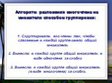 1. Сгруппировать его члены так, чтобы слагаемые в каждой группе имели общий множитель 2. Вынести в каждой группе общий множитель в виде одночлена за скобки 3. Вынести в каждой группе общий множитель (в виде многочлена) за скобки. Алгоритм разложения многочлена на множители способом группировки: