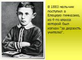 В 1883 мальчик поступил в Елецкую гимназию, из 4-го класса которой был изгнан "за дерзость учителю".