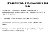 ПРОДОЛЖИТЕЛЬНОСТЬ ЭКЗАМЕНОВ В 2012 ГОДУ. Математика, литература, физика, информатика и информационно-коммуникационные технологиям (ИКТ) - 4 часа (240 минут), История, обществознание – 3,5 часа (210 минут), Русский язык, биология, география, химия – 3 часа (180 минут), Иностранные языки (английский, 