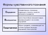 Формы чувственного познания. Образ предмета, возникающий на основе предшествующих ощущений и восприятий. Представление. Целостный образ внешнего мира, формирующийся на основе ощущений. Восприятие. Элементарное отражение отдельных сторон и свойств явлений и предметов. Ощущение