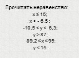 Прочитать неравенство: х ≤ 15; х < - 6,5 ; -10,5 < у < 6,3; у > 87; 89,2 ≤ х ≤ 95; у < 15.