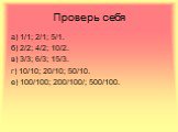 Проверь себя. а) 1/1; 2/1; 5/1. б) 2/2; 4/2; 10/2. в) 3/3; 6/3; 15/3. г) 10/10; 20/10; 50/10. е) 100/100; 200/100/; 500/100.