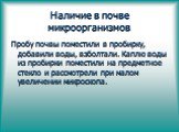 Наличие в почве микроорганизмов. Пробу почвы поместили в пробирку, добавили воды, взболтали. Каплю воды из пробирки поместили на предметное стекло и рассмотрели при малом увеличении микроскопа.