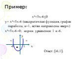 Пример: х²+5х-6≤0 y= х²+5х-6 (квадратичная функция, график парабола, а=1, ветви направлены вверх) х²+5х-6=0; корни уравнения: 1 и -6. у + + -6 1 x Ответ: [-6;1]. -