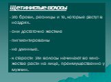 Щетинистые волосы это брови, ресницы и те, которые растут в ноздрях. они достаточно жесткие пигментированы не длинные. к старости эти волосы начинают во мно- жестве расти на лице, преимущественно у мужчин.