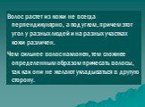 Волос растет из кожи не всегда перпендикулярно, а под углом, причем этот угол у разных людей и на разных участках кожи различен. Чем сильнее волос наклонен, тем сложнее определенным образом причесать волосы, так как они не желают укладываться в другую сторону.