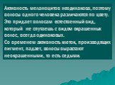 Активность меланоцитов неодинакова, поэтому волосы одного человека различаются по цвету. Это придает волосам естественный вид, который не спутаешь с видом окрашенных волос, всегда одинаковых. Со временем активность клеток, производящих пигмент, падает, волосы вырастают неокрашенными, то есть седыми.