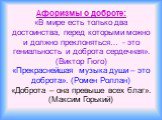 Афоризмы о доброте: «В мире есть только два достоинства, перед которыми можно и должно преклоняться… - это гениальность и доброта сердечная». (Виктор Гюго) «Прекраснейшая музыка души – это доброта». (Ромен Роллан) «Доброта – она превыше всех благ». (Максим Горький)