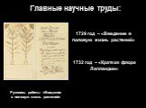 Главные научные труды: 1729 год – «Введение в половую жизнь растений». Рукопись работы «Введение в половую жизнь растений». 1732 год – «Краткая флора Лапландии»