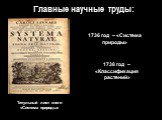 1736 год – «Система природы». Титульный лист книги «Система природы». 1738 год – «Классификация растений»