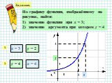 По графику функции, изображённому на рисунке, найти: 1) значение функции при х = 3; 2) значение аргумента при котором у = 4. х = 3 у = 2 у = 4 х = 4