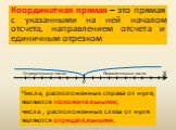 Координатная прямая – это прямая с указанными на ней началом отсчета, направлением отсчета и единичным отрезком. Числа, расположенные справа от нуля, являются положительными; числа , расположенные слева от нуля являются отрицательными.