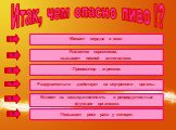 Итак, чем опасно пиво !? 1 2 3 4 5 6. Является наркотиком, вызывает пивной алкоголизм. Провокатор агрессии. Разрушительно действует на внутренние органы. Влияет на наследственность и репродуктивные функции организма. Повышает риск рака у женщин. Убивает сердце и мозг