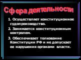 1. Осуществляет конституционное судопроизводство. 2. Занимается конституционным контролем. 3. Обеспечивает толкование Конституции РФ и не допускает ее нарушения органами власти. Сфера деятельности