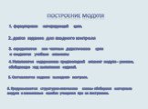 1. формулировки интегрирующей цели. 2. дается задание для входного контроля. 3. определяются все частные дидактические цели и создаются учебные элементы. 4. Наполняется содержанием предпоследний элемент модуля - резюме, обобщающее ход выполнения заданий. 5. Составляются задания выходного контроля. 6